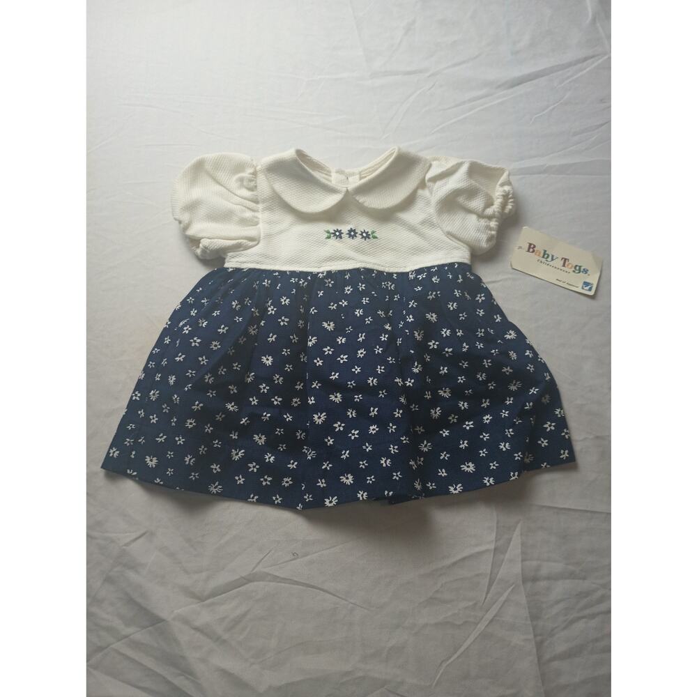 Baby Togs Vintage Dress Infant Size 3-6 Months Blue Floral White‎ Puff sleeves